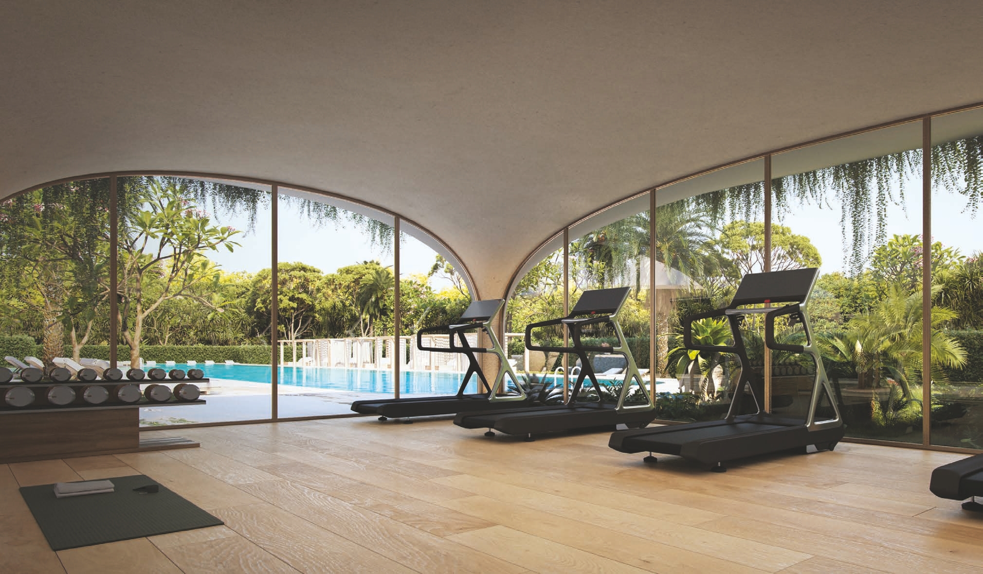 Fitness en yogastudio met direct uitzicht op het zwembad en de tuinen